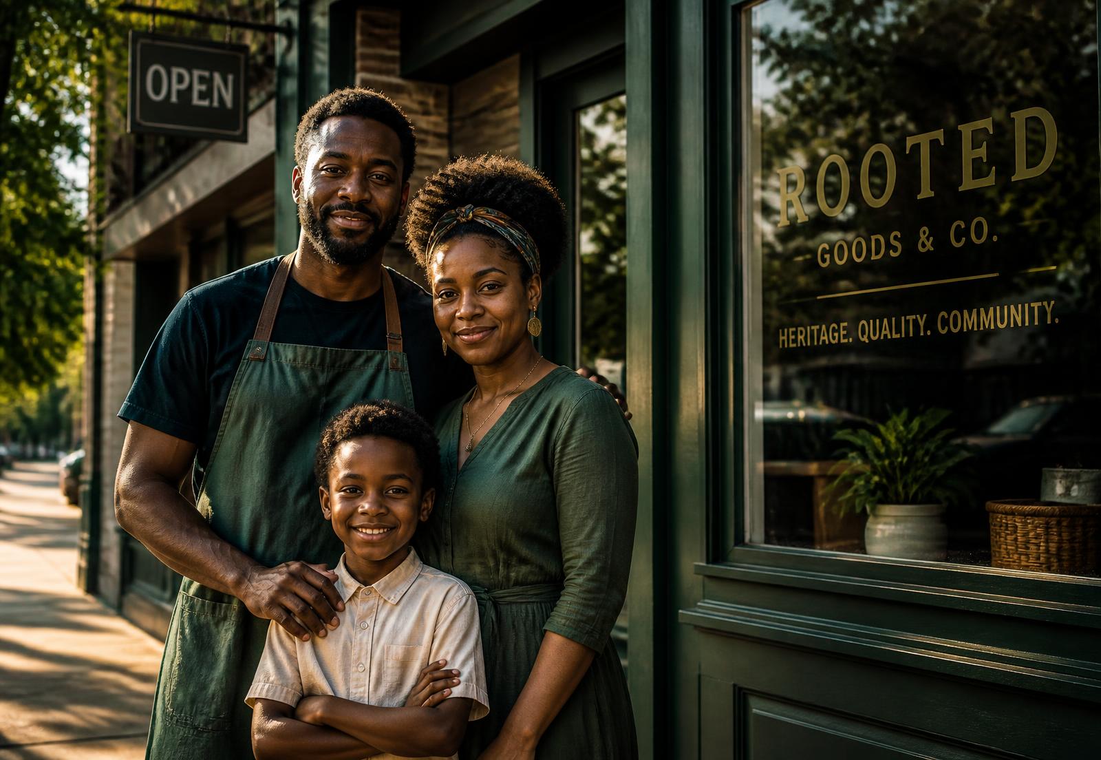 A Black family standing together outside their neighborhood storefront business